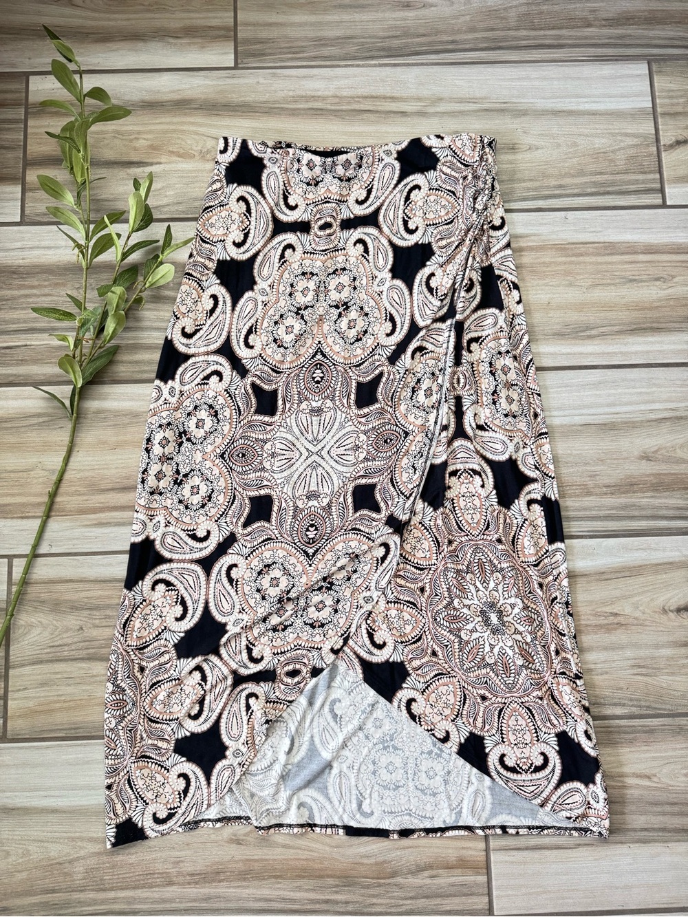 Maeve Anthropologie Paisley Faux Wrap Skirt L Black Pink Draped Midi Boho